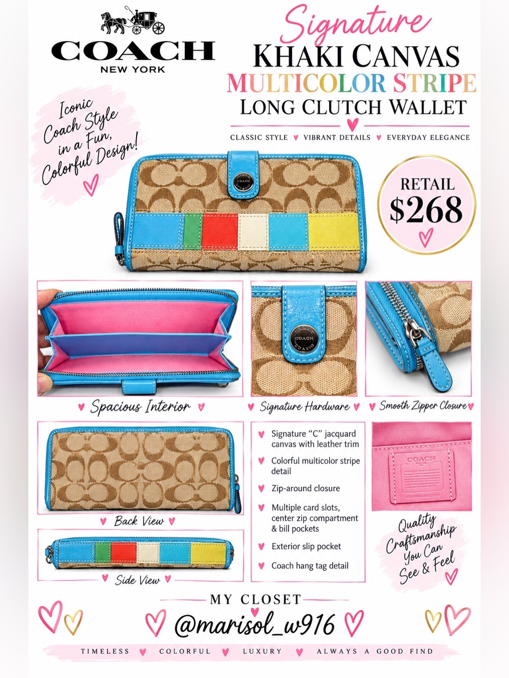 Coach Y2K Khaki Signature Canvas Multicolor Stripe Long Clutch Wallet